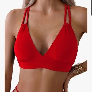 Red Strappy V-Neck Bralette Bikini Top Size Medium